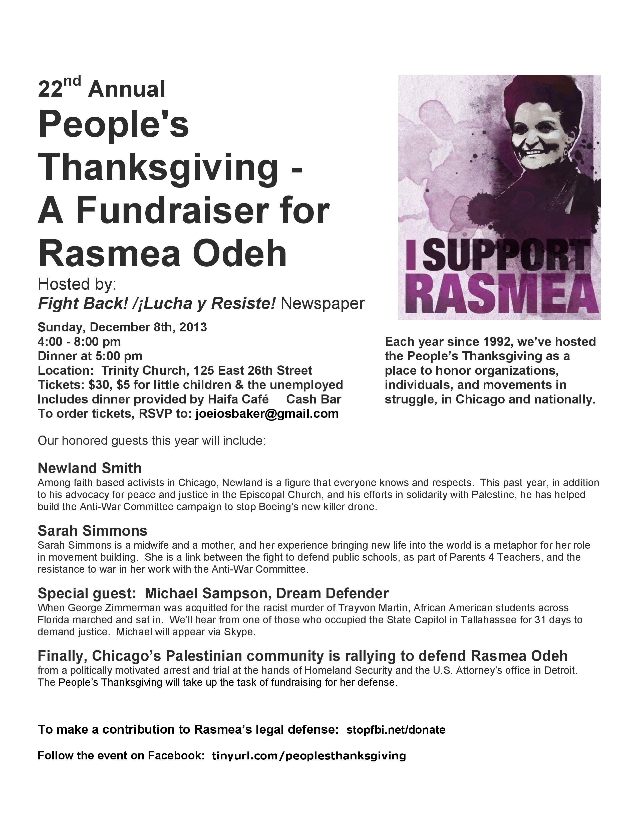 December 8, Chicago: People’s Thanksgiving Fundraiser for Rasmea Odeh